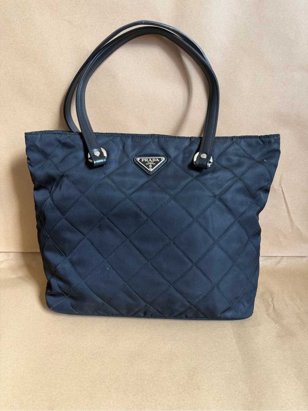 Prada Black Quilted Nylon Tote with Leather Handles